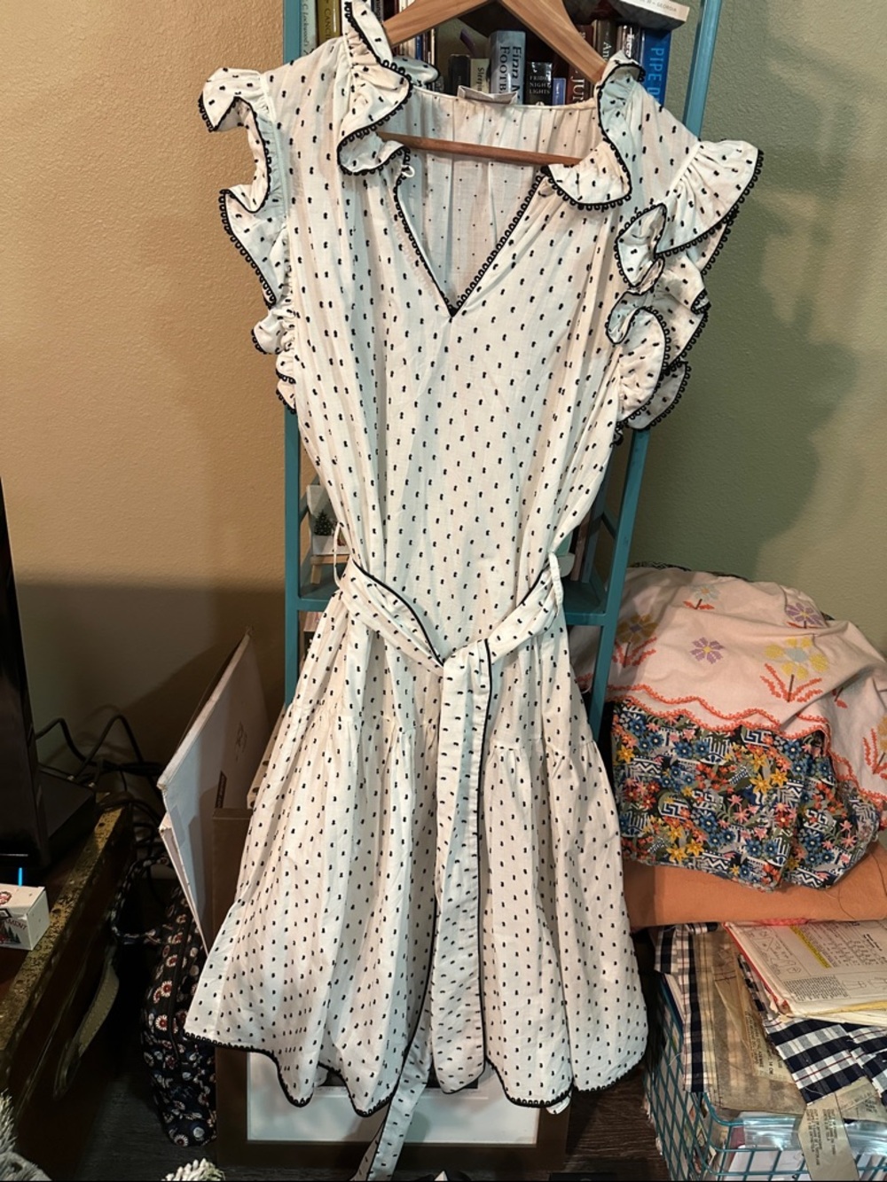 Christy Lynn White Swiss Dot Ruffle Sleeve Midi Dress with Tie Belt
